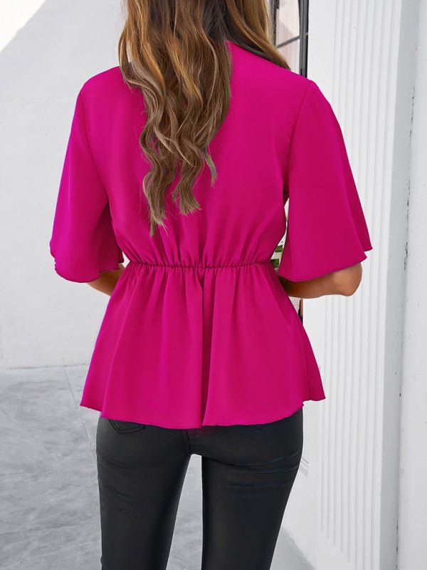 Women's solid color elegant short sleeve strappy tunic top - Top