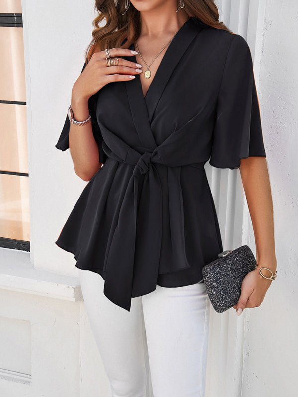 Women's solid color elegant short sleeve strappy tunic top - Top