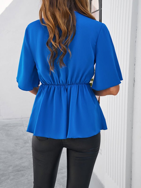 Women's solid color elegant short sleeve strappy tunic top - Top