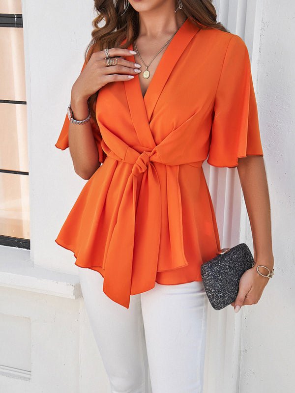 Women's solid color elegant short sleeve strappy tunic top - Top
