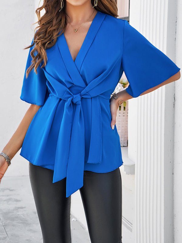Women's solid color elegant short sleeve strappy tunic top - Top