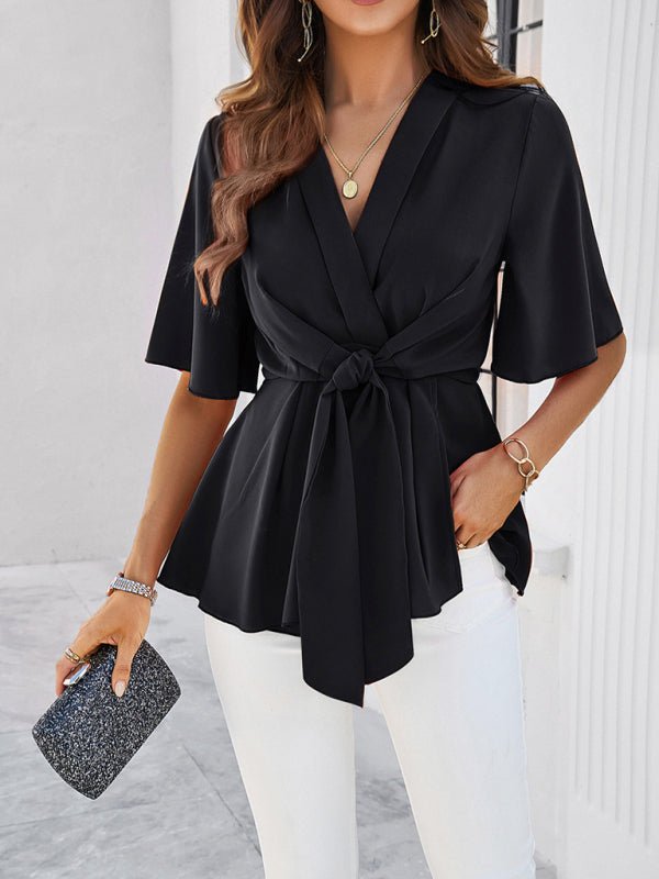 Women's solid color elegant short sleeve strappy tunic top - Top