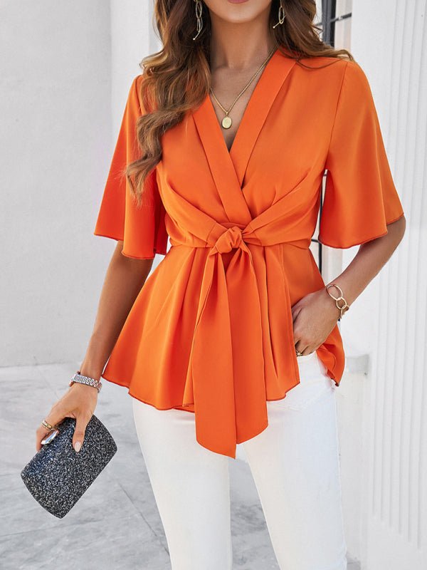 Women's solid color elegant short sleeve strappy tunic top - Top