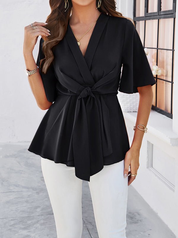 Women's solid color elegant short sleeve strappy tunic top - Top