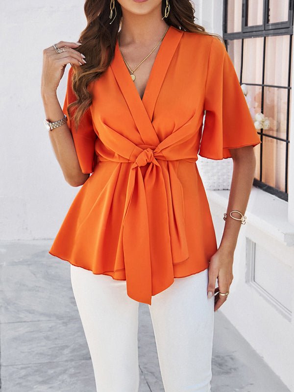 Women's solid color elegant short sleeve strappy tunic top - Top