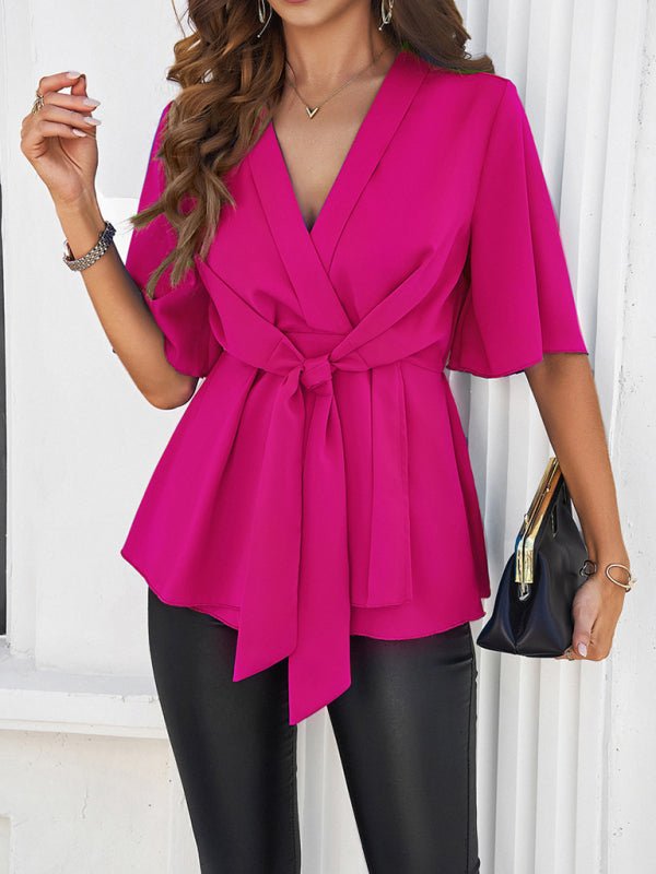 Women's solid color elegant short sleeve strappy tunic top - Top