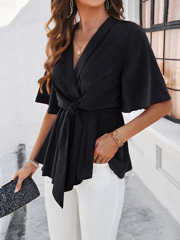 Women's solid color elegant short sleeve strappy tunic top - Top
