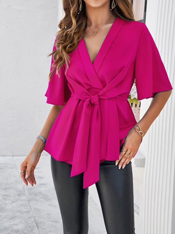 Women's solid color elegant short sleeve strappy tunic top - Top
