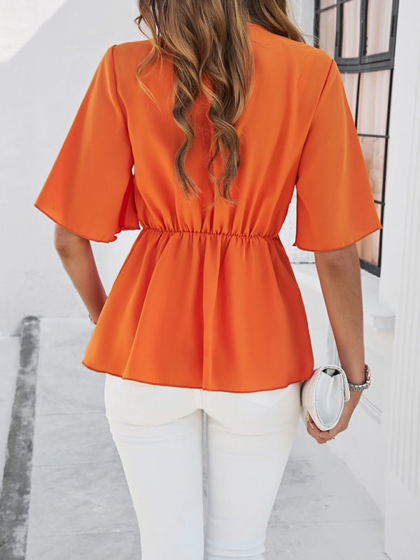 Women's solid color elegant short sleeve strappy tunic top - Top