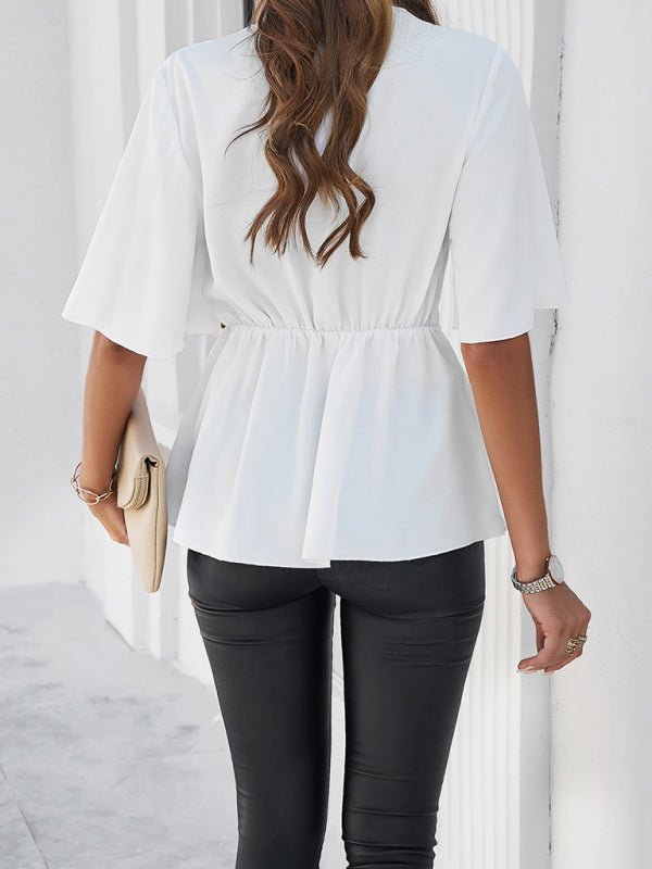 Women's solid color elegant short sleeve strappy tunic top - Top