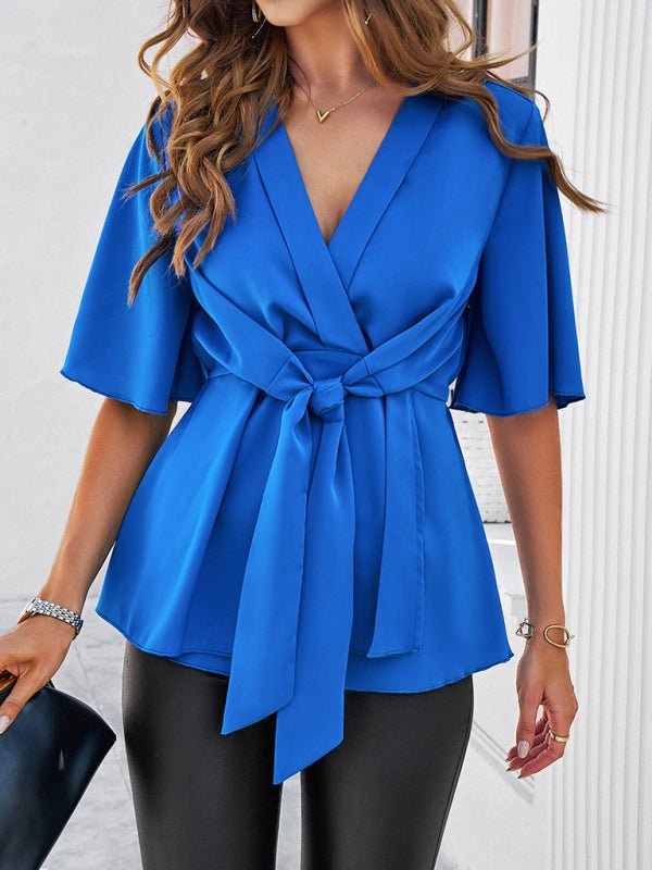 Women's solid color elegant short sleeve strappy tunic top - Top