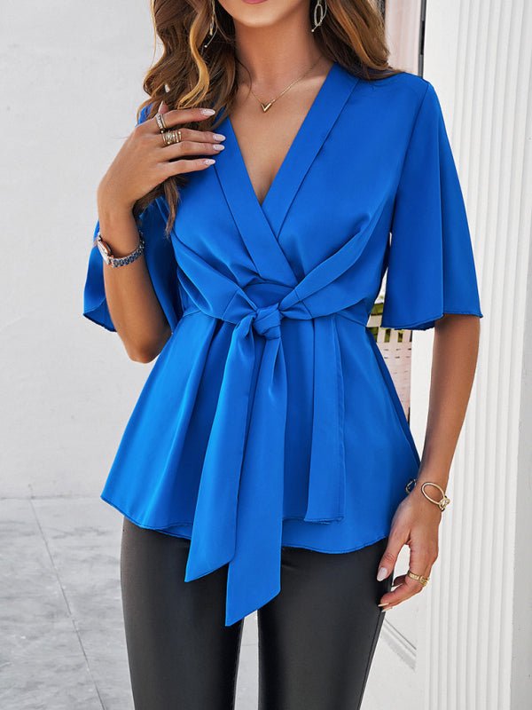 Women's solid color elegant short sleeve strappy tunic top - Top