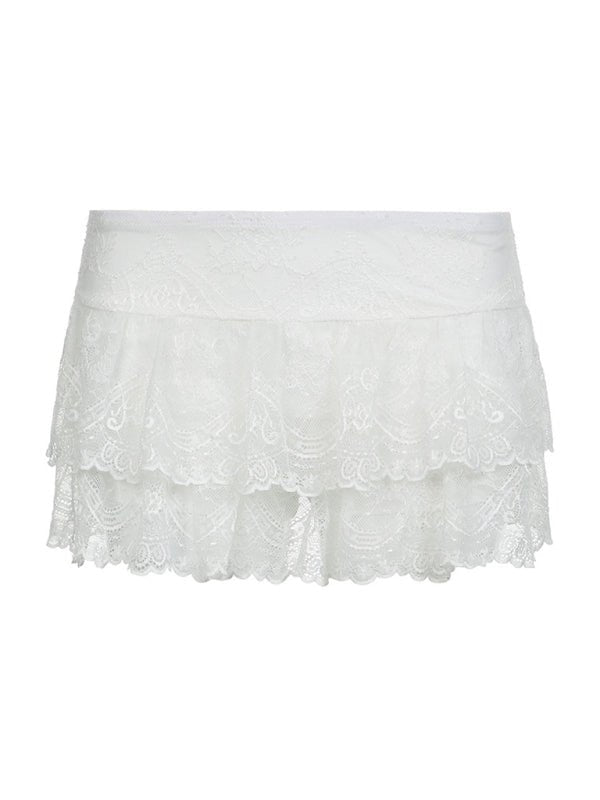 Women's solid color high waist stretch double layer lace cake skirt dance mini skirt pants - Bottoms