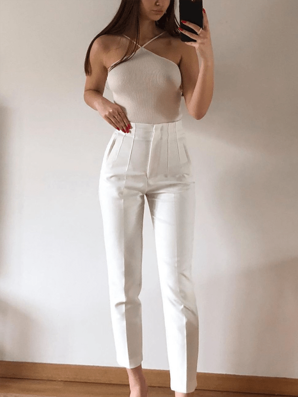 Women's Solid Color High Waist Trousers Slim Casual Pants - Bottoms