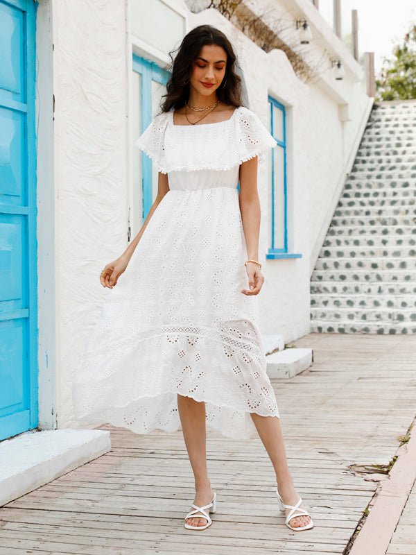 Women's Solid Color Lace Off Shoulder Long Dress - Vacation Dress
