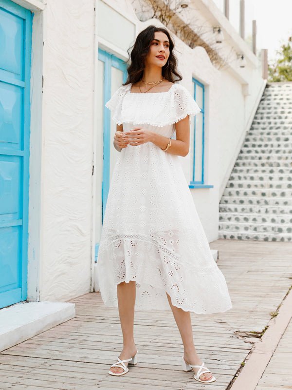Women's Solid Color Lace Off Shoulder Long Dress - Vacation Dress