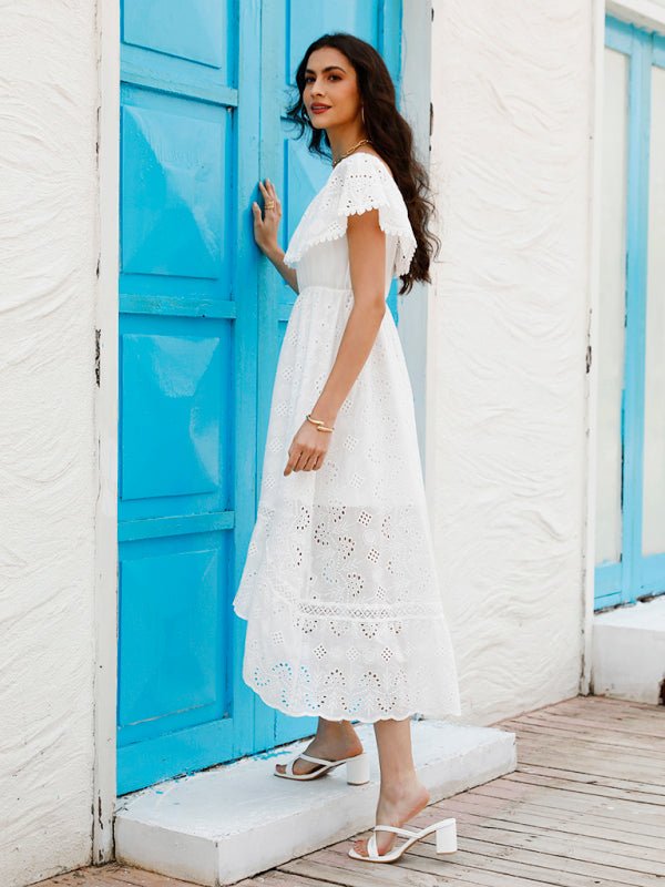 Women's Solid Color Lace Off Shoulder Long Dress - Vacation Dress