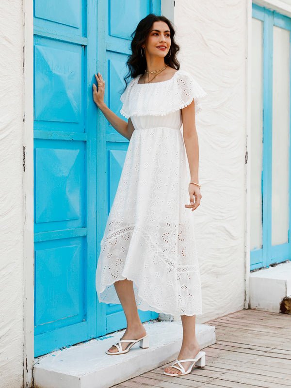 Women's Solid Color Lace Off Shoulder Long Dress - Vacation Dress