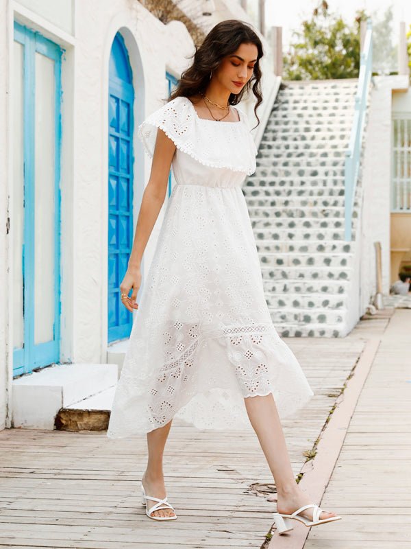 Women's Solid Color Lace Off Shoulder Long Dress - Vacation Dress