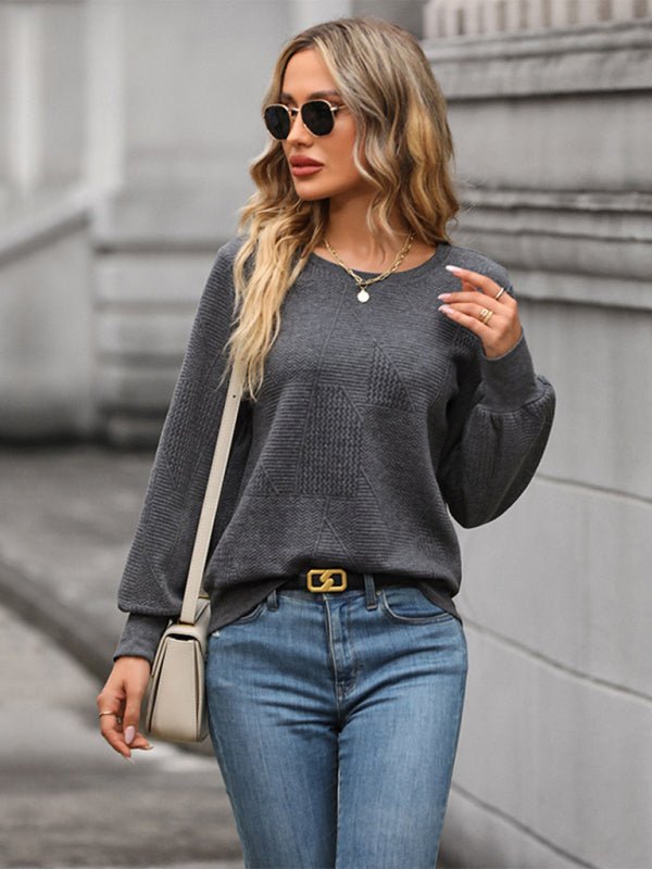Women's Solid Color Long Sleeve Textured Sweatshirt - Outerwear