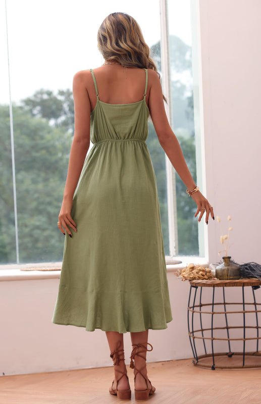 Women's Solid Color Midi Dress Beach Loose Sling Green Cotton Linen Dress - Vacation Dress