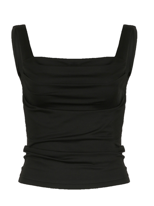 Women's Solid Color Pleated Design Square Neck Versatile Simple Camisole - Top