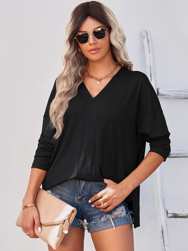 Women's solid color Pullover thin knit V - neck knit top - Top