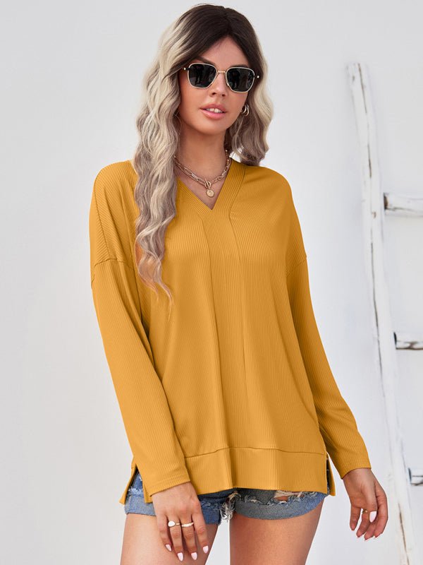 Women's solid color Pullover thin knit V - neck knit top - Top