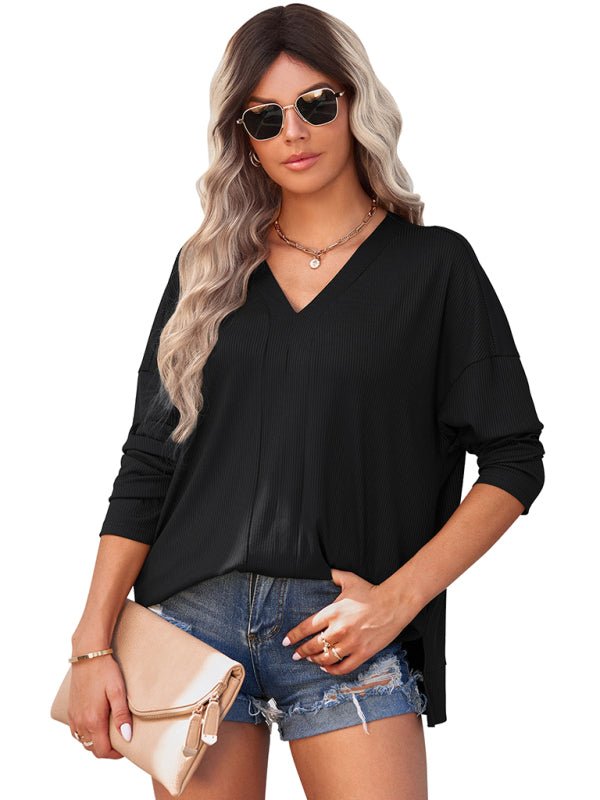 Women's solid color Pullover thin knit V - neck knit top - Top