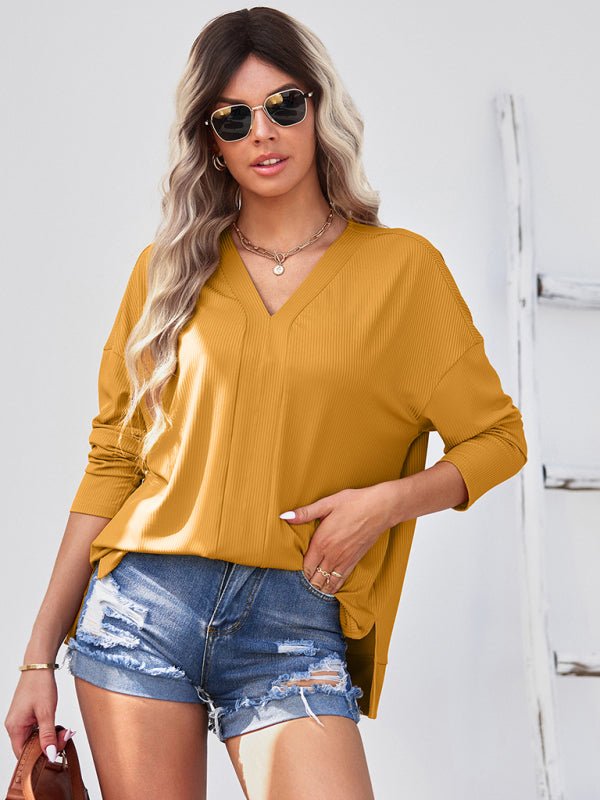 Women's solid color Pullover thin knit V - neck knit top - Top