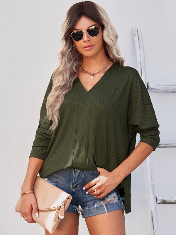 Women's solid color Pullover thin knit V - neck knit top - Top