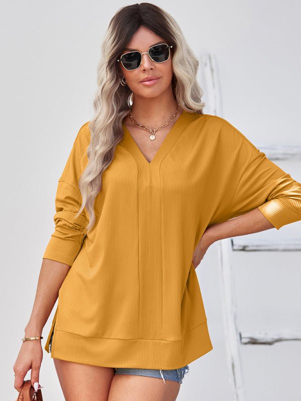 Women's solid color Pullover thin knit V - neck knit top - Top