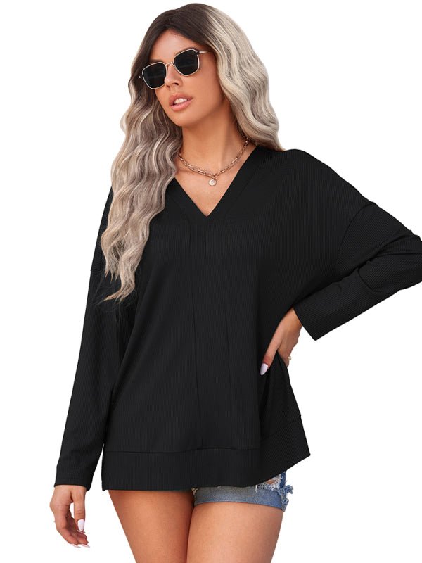 Women's solid color Pullover thin knit V - neck knit top - Top