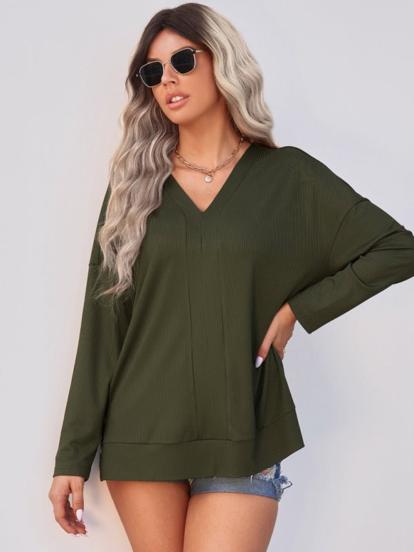 Women's solid color Pullover thin knit V - neck knit top - Top