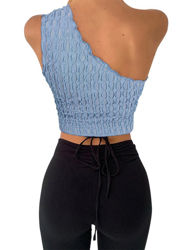 Women's Solid Color Texture One Shoulder Tank Top - Top