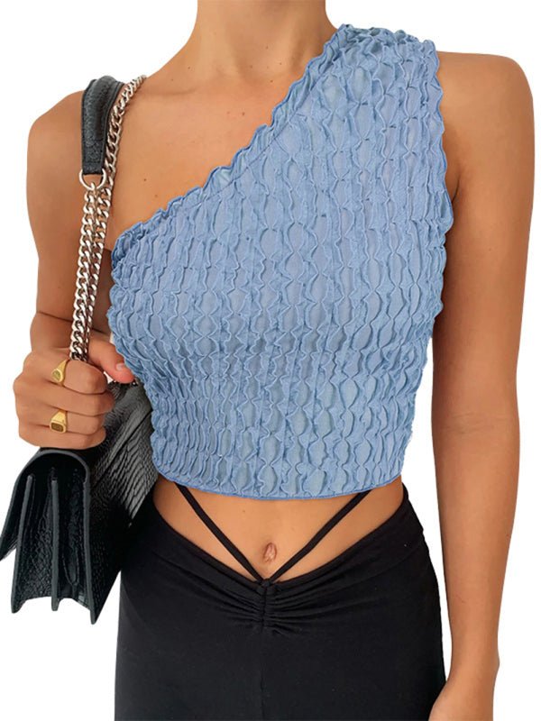 Women's Solid Color Texture One Shoulder Tank Top - Top