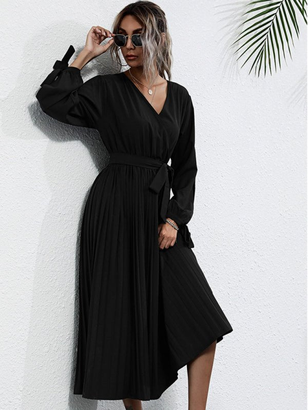 Women's Solid Color V - Neck Cutout Long Sleeve Dress - Formal Dress