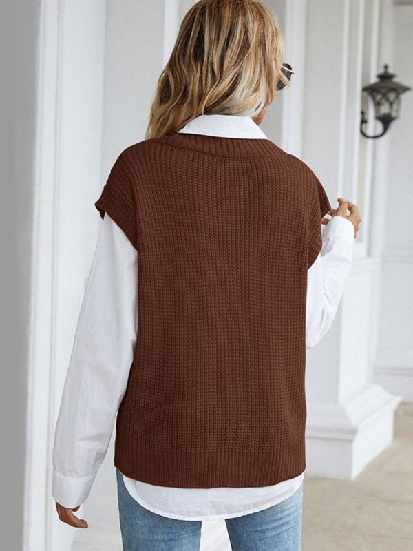 Women's solid color v - neck knitted sweater - Outerwear