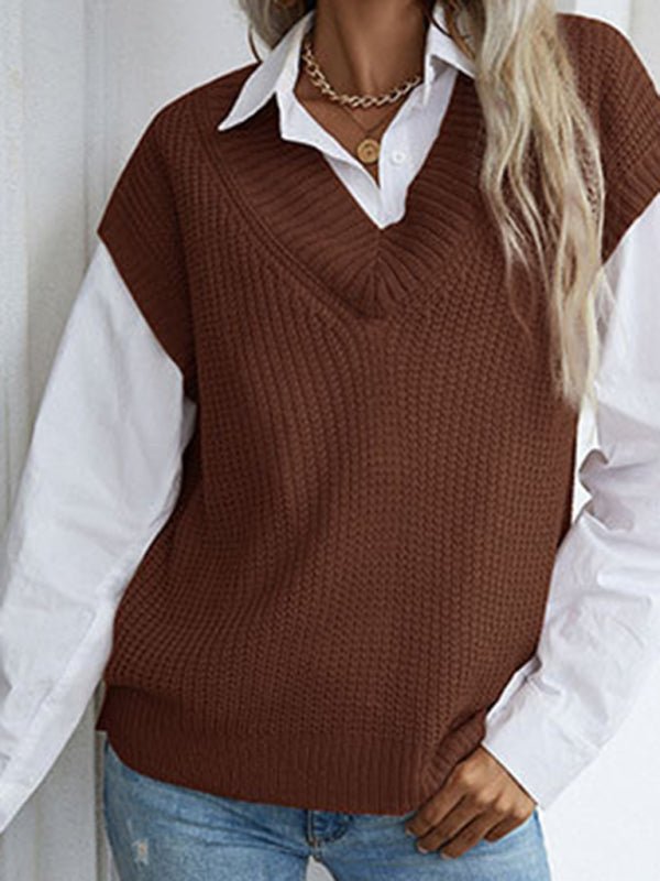 Women's solid color v - neck knitted sweater - Outerwear