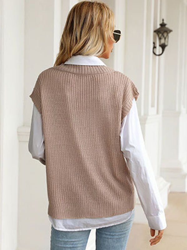 Women's solid color v - neck knitted sweater - Outerwear