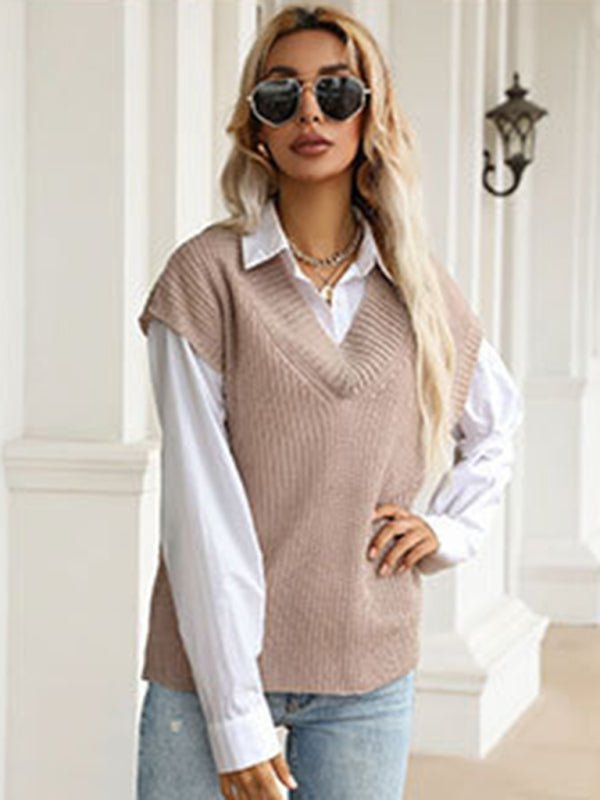 Women's solid color v - neck knitted sweater - Outerwear