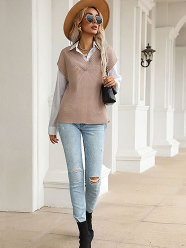 Women's solid color v - neck knitted sweater - Outerwear