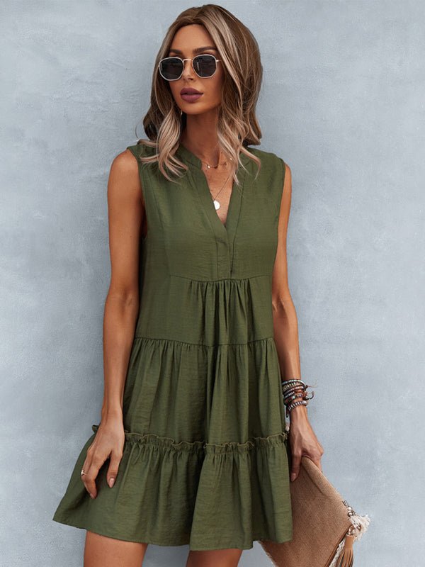 Women's Solid Color V - Neck Sleeveless Dress - Day Dress