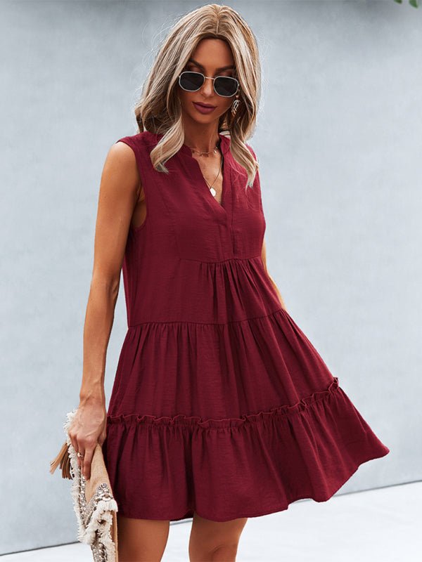 Women's Solid Color V - Neck Sleeveless Dress - Day Dress