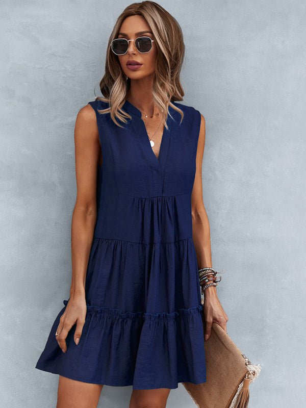 Women's Solid Color V - Neck Sleeveless Dress - Day Dress