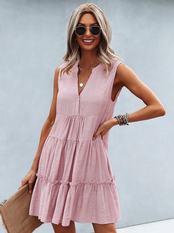 Women's Solid Color V - Neck Sleeveless Dress - Day Dress