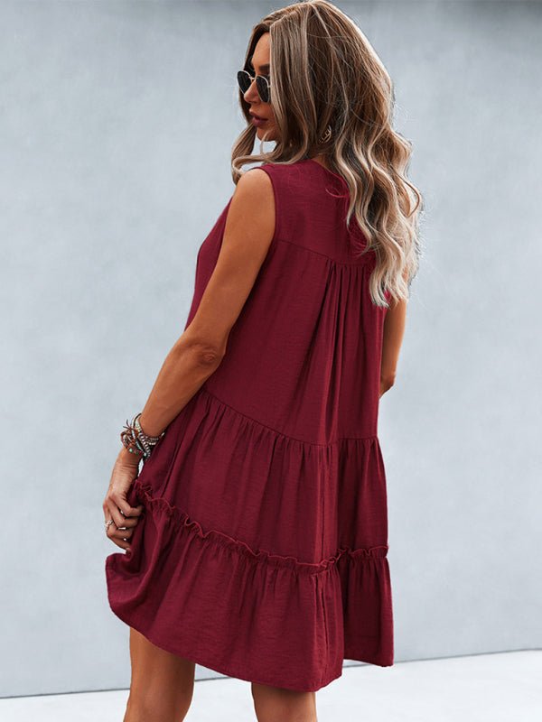 Women's Solid Color V - Neck Sleeveless Dress - Day Dress
