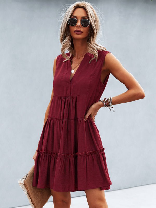 Women's Solid Color V - Neck Sleeveless Dress - Day Dress