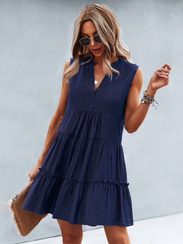 Women's Solid Color V - Neck Sleeveless Dress - Day Dress