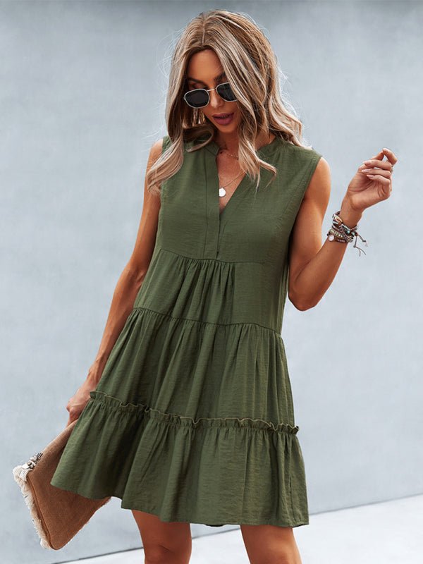 Women's Solid Color V - Neck Sleeveless Dress - Day Dress